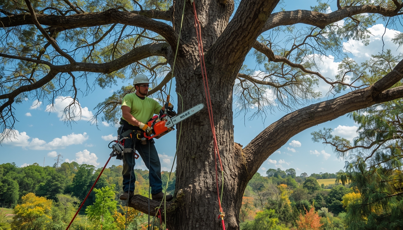 Professional tree trimming in action